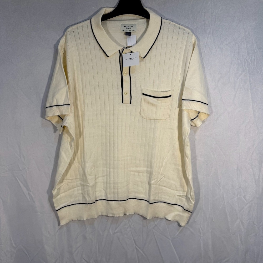 American Eagle AE Weekend Tipped Sweater Polo Shirt Ribbed Mens Large‎ Cream